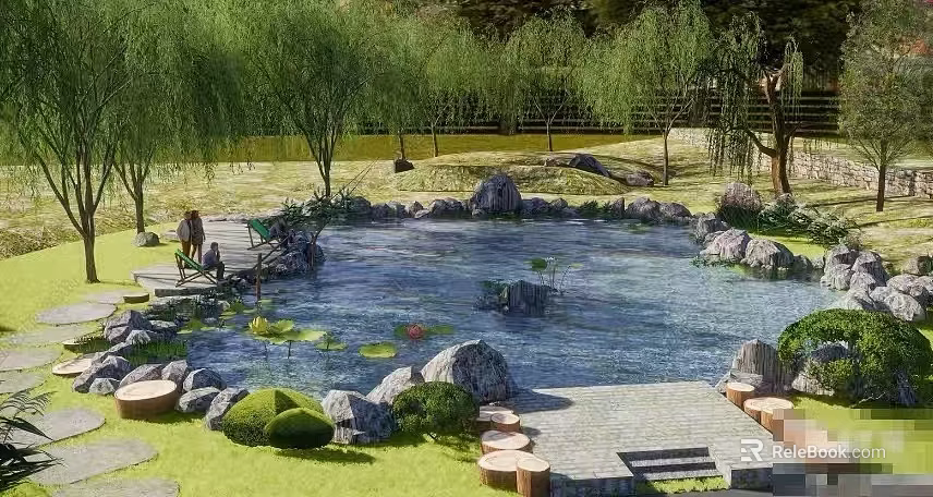 Serene Garden Pond Landscape With Willow Trees Rocks Lotus Leaves And Pathway 3d model 