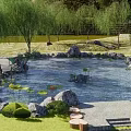 Serene Garden Pond Landscape With Willow Trees Rocks Lotus Leaves And Pathway