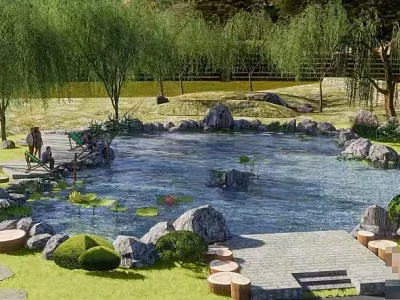 Serene Garden Pond Landscape With Willow Trees Rocks Lotus Leaves And Pathway 3d model