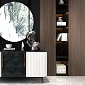 Modern Entryway Cabinet And Side Cabinet With Circular Decorative Painting Green Plant And Storage Shelves