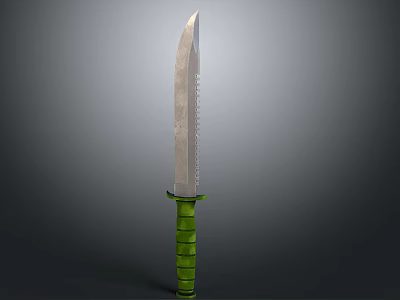 Tactical Silver Serrated Blade Weapon With Green Striped Handle Design 3d model