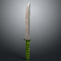 Tactical Silver Serrated Blade Weapon With Green Striped Handle Design