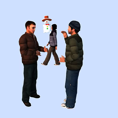 Men Shaking Hands In Winter Scene With Snowman And Another Walking Nearby 3d model