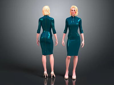 Metallic Teal Dress Female Figure Front And Back Views With High Heels Standing Pose 3d model