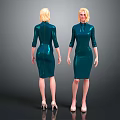 Metallic Teal Dress Female Figure Front And Back Views With High Heels Standing Pose