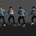Four Men Skateboarding In Blue Sweatshirts Black Pants And Black Caps On Gray Reflective Floor