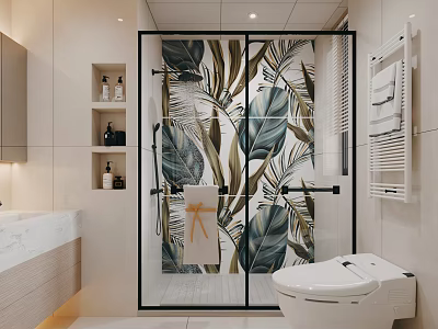Modern Bathroom Interior With Glass Shower Tropical Leaf Tiles And White Toilet 3d model