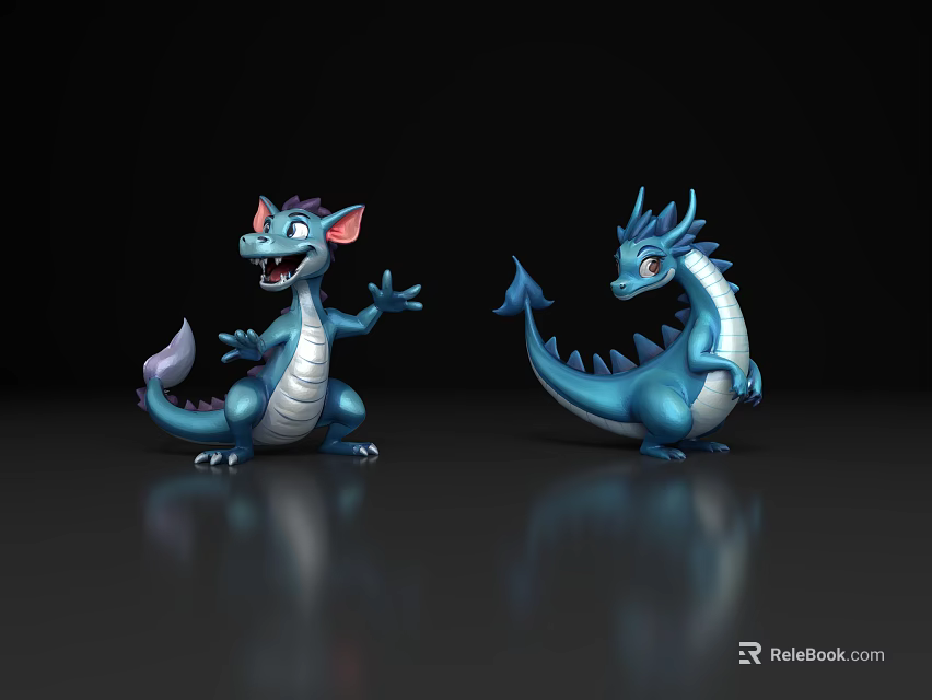 Flying Creatures Blue Cartoon Dragons in Two Poses Standing Sitting Open-Mouthed on Black Reflective Background 3d model 