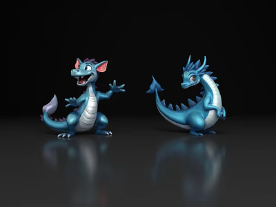 Flying Creatures Blue Cartoon Dragons in Two Poses Standing Sitting Open-Mouthed on Black Reflective Background 3d model