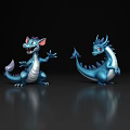 Flying Creatures Blue Cartoon Dragons in Two Poses Standing Sitting Open-Mouthed on Black Reflective Background