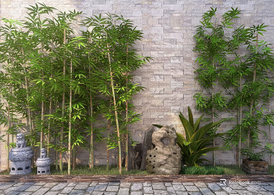 Tall Bamboo Plants Growing Against Stone Wall With Stone Sculptures And Garden Greenery 3d model 