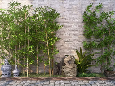 Tall Bamboo Plants Growing Against Stone Wall With Stone Sculptures And Garden Greenery 3d model