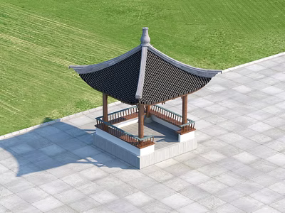 Traditional Pergola With Black Tiled Roof And Wooden Structure On Square Base Green Lawn 3d model