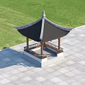 Traditional Pergola With Black Tiled Roof And Wooden Structure On Square Base Green Lawn