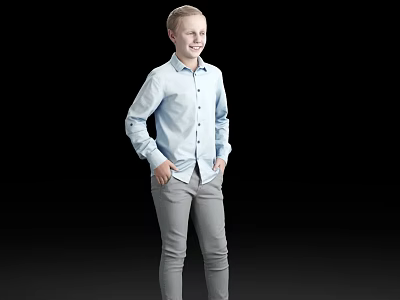 Young Man Standing With Hands In Pockets Wearing Light Blue Shirt And Gray Pants 3d model