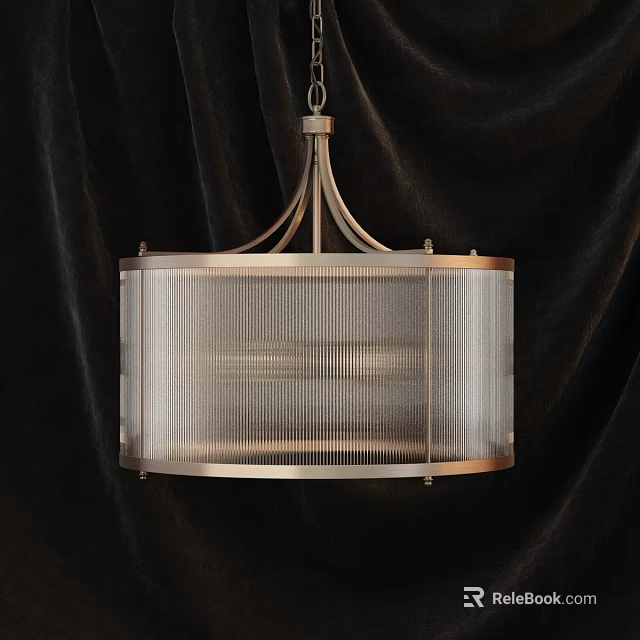 Modern Hanging Chandelier With Metal Frame And Ribbed Glass Shade For Home Decor 3d model 