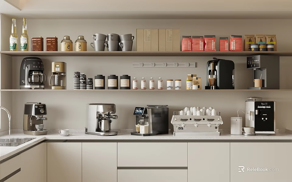 Modern Kitchen Countertop Displaying Various Appliances Shelves Jars Mugs Coffee Maker And Blender 3d model 