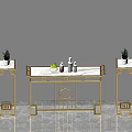 Elegant Console Table with Golden Metal Frame Circular Pattern and Potted Green Plants 3d model