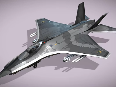 Modern Stealth Fighter Jet 3D Render With Gray Camouflage And Weapon Mounts 3d model