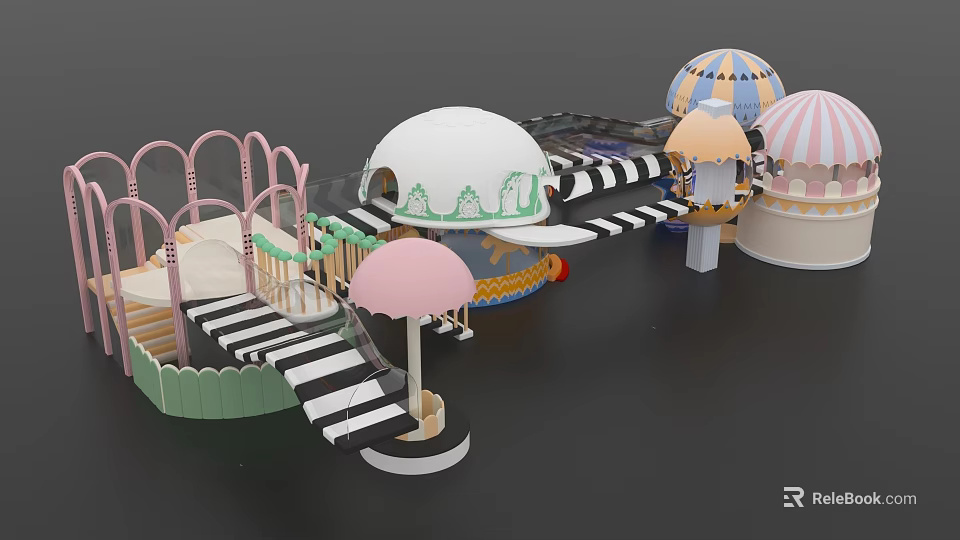 Vibrant Children's Playground With Dome Structures Striped Stairs Slides And Umbrellas 3d model 