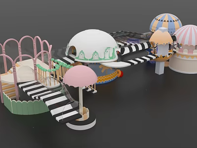 Vibrant Children's Playground With Dome Structures Striped Stairs Slides And Umbrellas 3d model