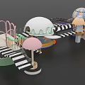 Vibrant Children's Playground With Dome Structures Striped Stairs Slides And Umbrellas