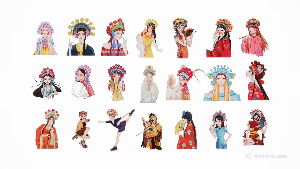Chinese Traditional Cultural Character Pendants With Colorful Costumes And Various Headdresses 3d model 