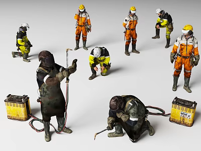 Workers In Different Colored Safety Uniforms With Tools And Gear 3d model