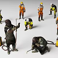Workers In Different Colored Safety Uniforms With Tools And Gear 3d model