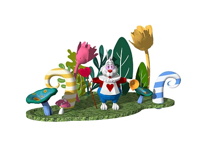 Enchanting Photo Spot With Cartoon Rabbit Red Heart Bowtie Colorful Flowers And Candy Cane Decorations 3d model