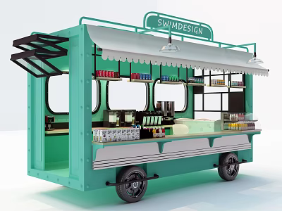 Teal Mobile Food Cart with SWADESIGN Signboard Awning and Serving Window 3d model