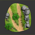 Cartoon Scene With Green Trees Rocks Dirt Path Green Grass And Pink Flowers