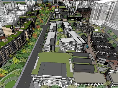 Aerial View of Urban Planning with Building Complexes Green Roofs Streets and Trees 3d model