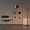 Modern Lounge Chair With Metal Frame Arched Floor Lamp Wall Art Prints And Open Book