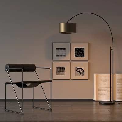 Modern Lounge Chair With Metal Frame Arched Floor Lamp Wall Art Prints And Open Book 3d model