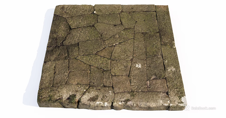 Natural Stone Paved Ground With Moss Covered Irregular Tiles Brownish Gray Textured Surface 3d model 