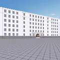 White Office Building Featuring Numerous Windows Stone Base Front Plaza And Blue Sky 3d model