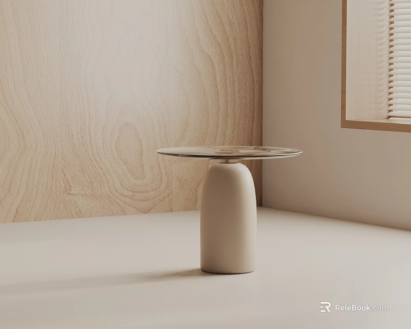 Modern Minimalist Side Table With Beige Base And Round Smooth Top Against Wooden Wall 3d model 