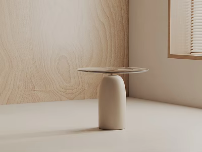 Modern Minimalist Side Table With Beige Base And Round Smooth Top Against Wooden Wall 3d model