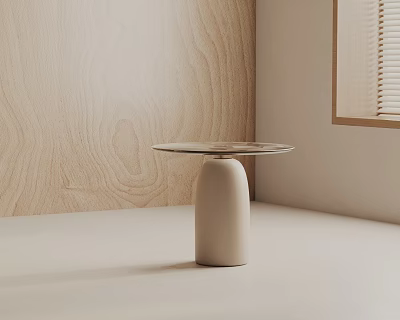 Modern Minimalist Side Table With Beige Base And Round Smooth Top Against Wooden Wall 3d model