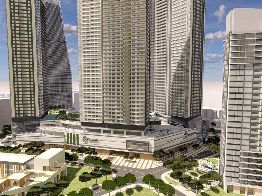 Modern Commercial Complex With High Rise Buildings Green Spaces And Plaza 3d model 