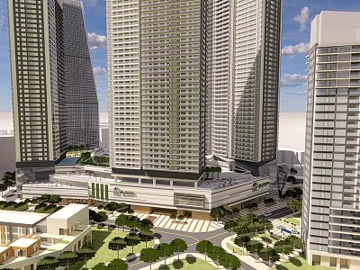 Modern Commercial Complex With High Rise Buildings Green Spaces And Plaza 3d model