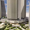 Modern Commercial Complex With High Rise Buildings Green Spaces And Plaza