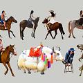 Multiple People Riding Various Animals Including Horses and Decorated Yak in Outdoor Activity