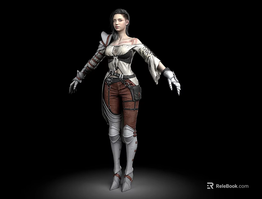 A Woman 3D Model Wearing White Black Top Brown Pants White Boots Fantasy Costume 3d model 