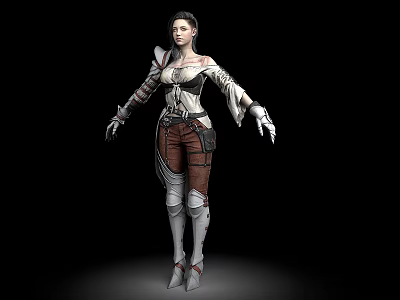 A Woman 3D Model Wearing White Black Top Brown Pants White Boots Fantasy Costume 3d model