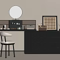 Black Dressing Table With Round Mirror Chair Checkerboard Frame And Cosmetic Items