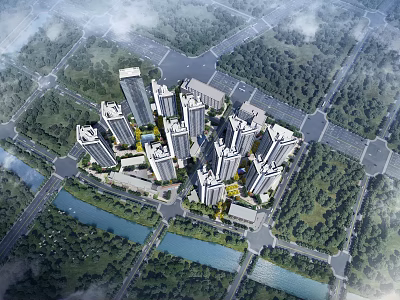 Residential Community Aerial Planning With High Rise Buildings Greenery Roads And Rivers 3d model