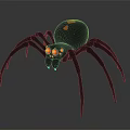 Black Spider With Red Glowing Eyes And Spherical Body Red Patterns Long Thin Legs