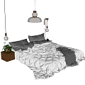Double Bed With White Quilt Gray Pillows Hanging Pendant Lights Green Plants Wooden Side Table